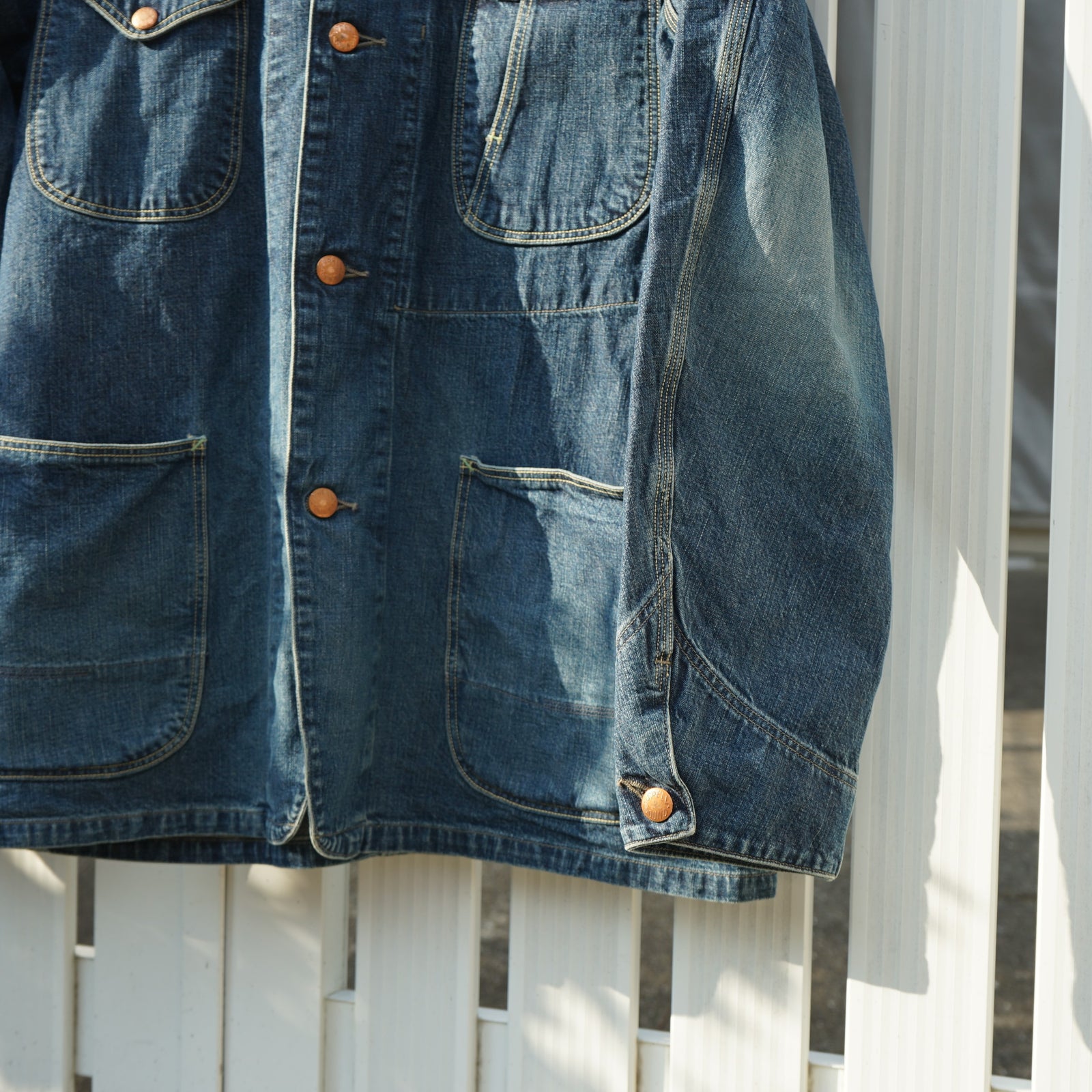 雰囲気抜群 日本製 スペルバウンド デニム ペインター 32 紺 オムニゴッド SPELLBOUND / スペルバウンド] 10.5ozデニム カバーオール