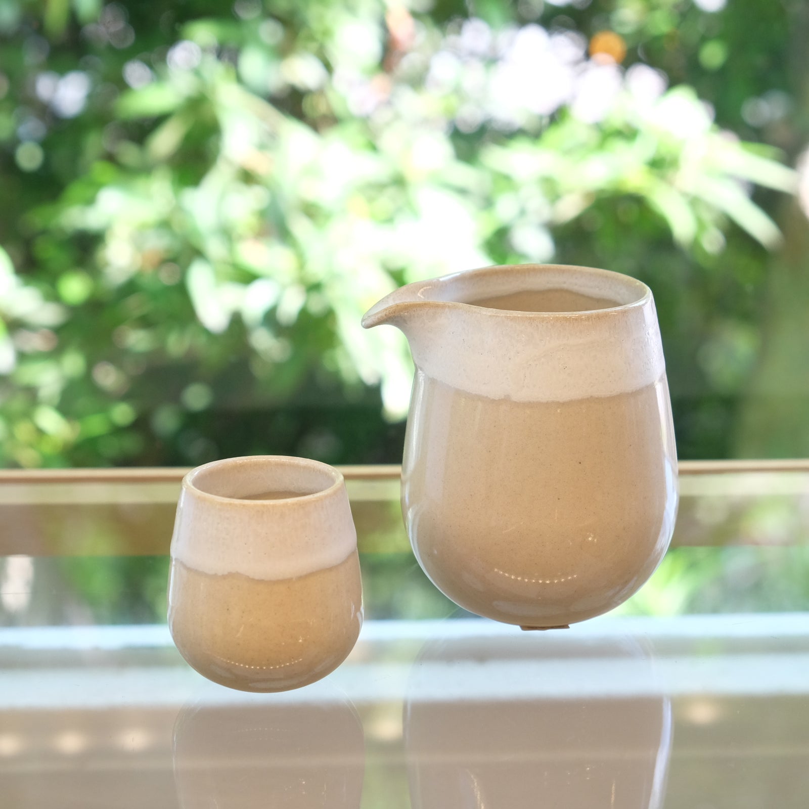 FOLK DESIGN 片口酒器・盃 2点セット 波佐見焼 飴釉白唐津流し