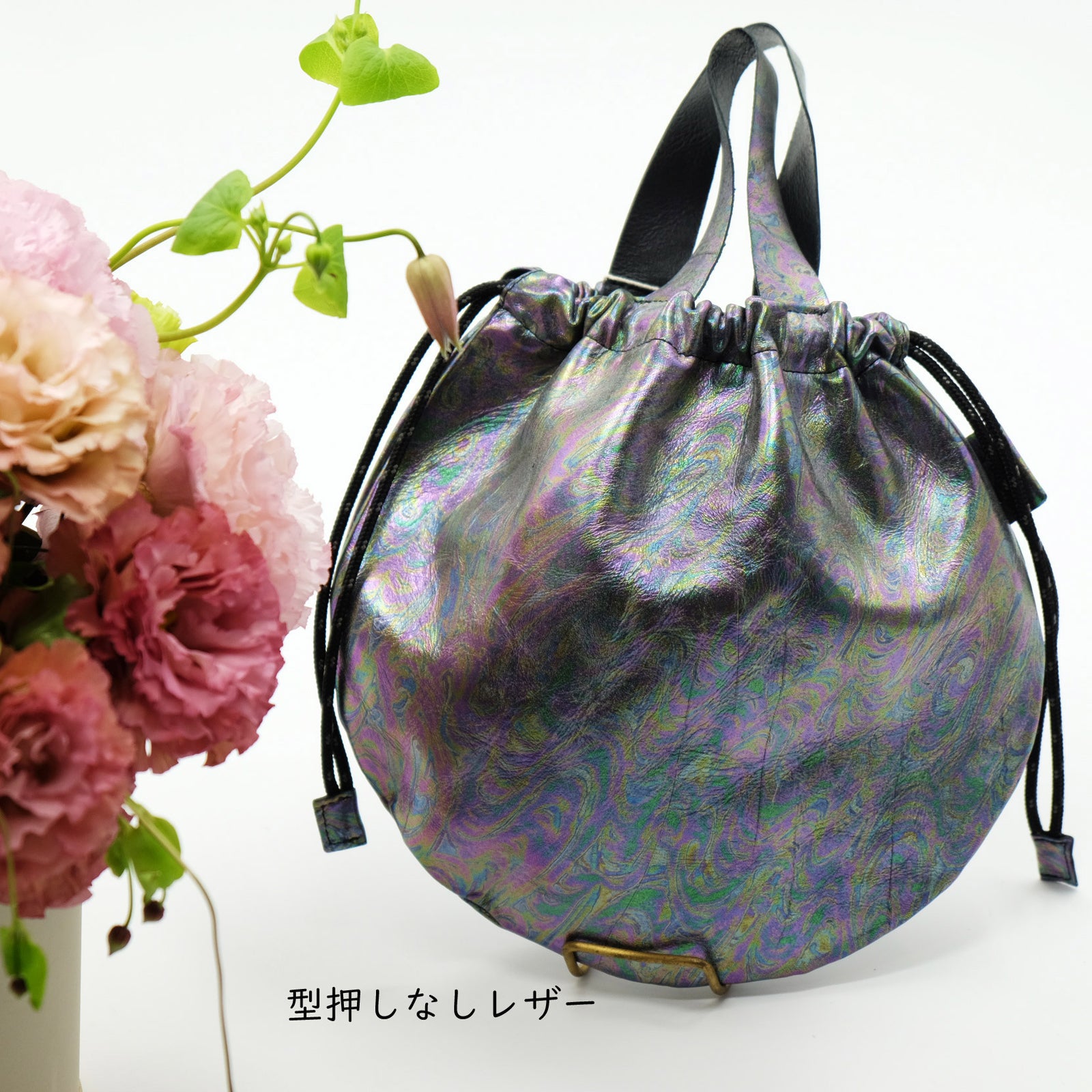 7iro KINNCHAKKU ミニ巾着 ミニポーチ レザーバッグ オーロラブラック